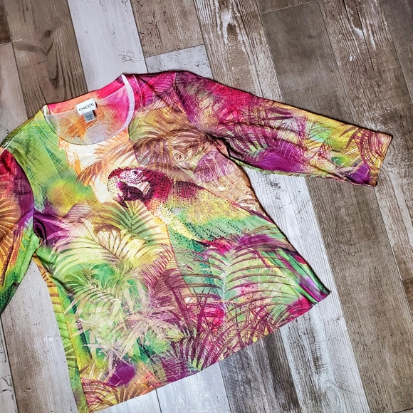 CHICO'S Tropical Paradise Parrot Rhinestone Sparkle 3/4 Sleeve Blouse Size 0 EUC - Picture 13 of 16